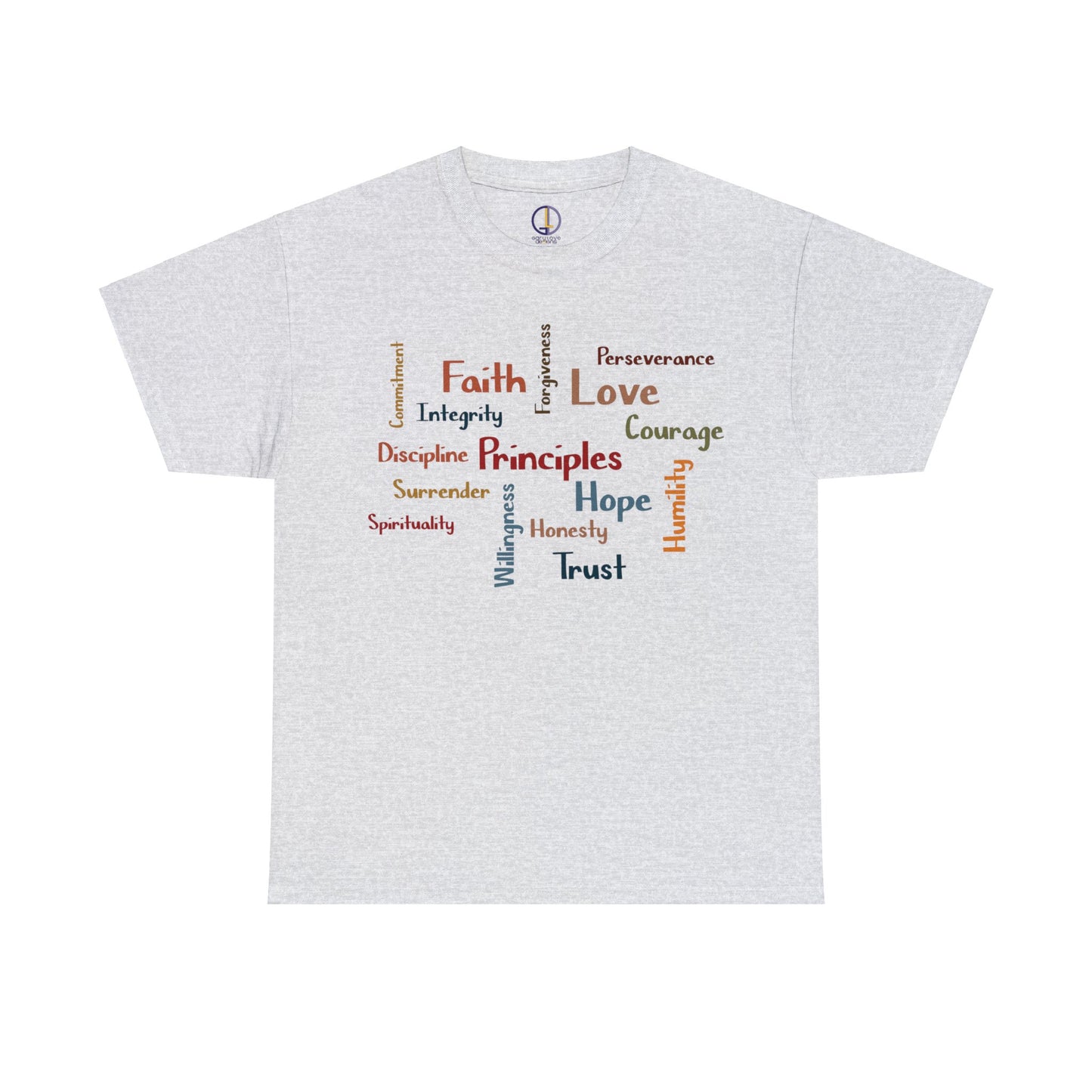 Spiritual Principles of Recovery, Word Cloud Design Graphic Tee, Graphic T-shirt, Gift for Recovery or Sober Anniversary