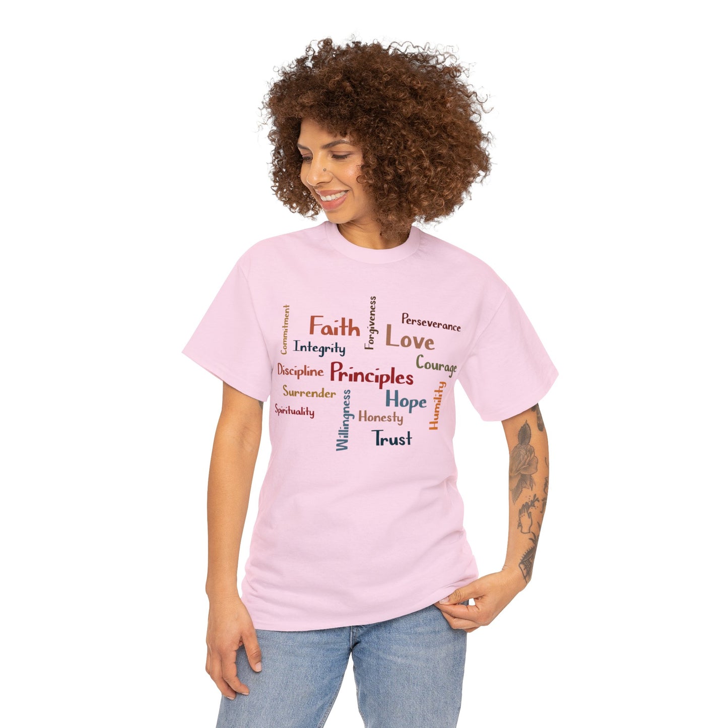 Spiritual Principles of Recovery, Word Cloud Design Graphic Tee, Graphic T-shirt, Gift for Recovery or Sober Anniversary