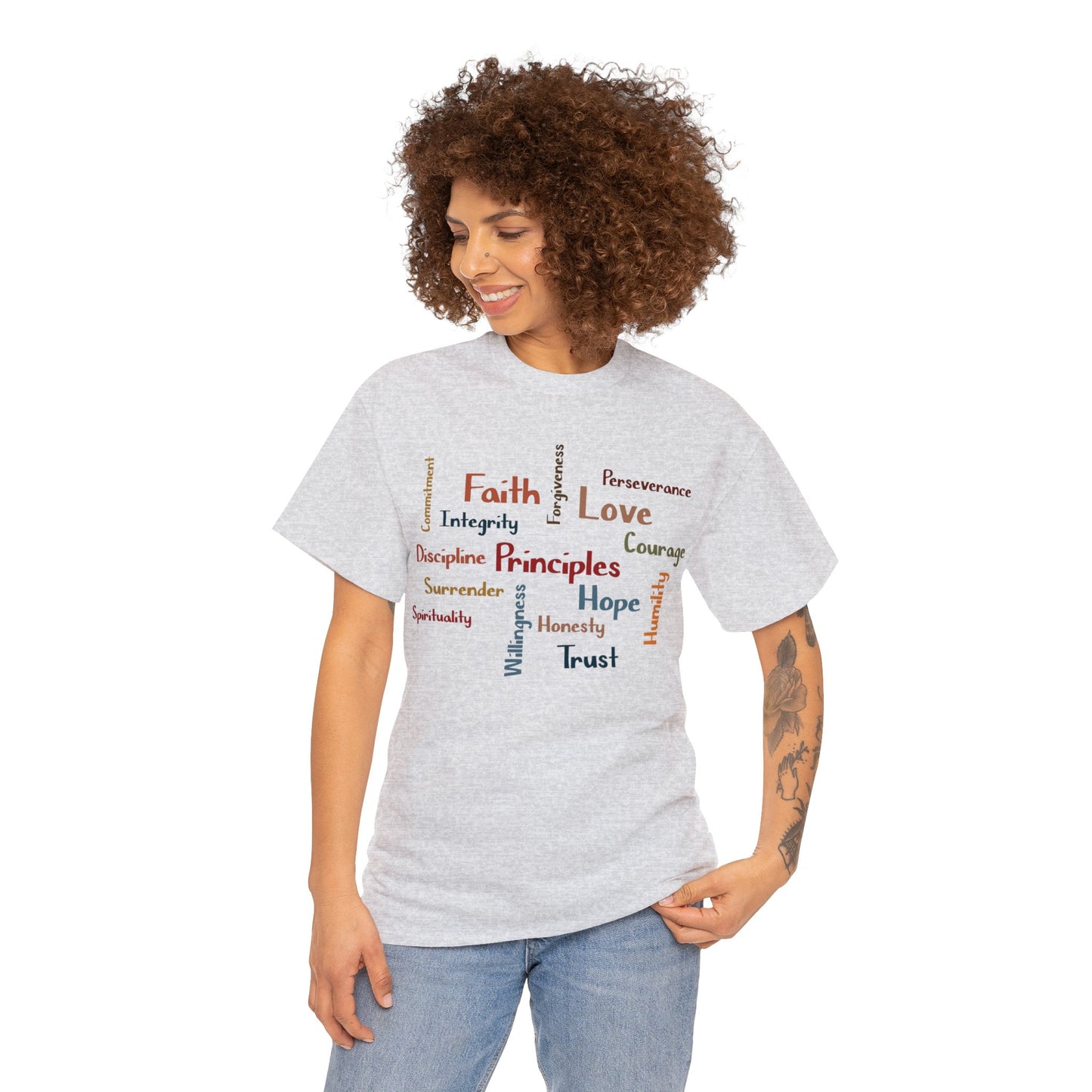 Spiritual Principles of Recovery, Word Cloud Design Graphic Tee, Graphic T-shirt, Gift for Recovery or Sober Anniversary