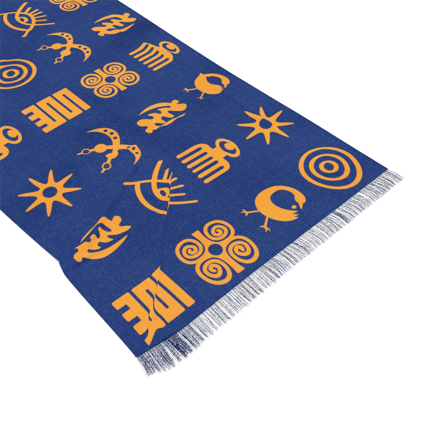 Adinkra Symbol Light Scarf, Beautiful Pattern Scarf Orange on Blue with West African Ghanaian Symbols
