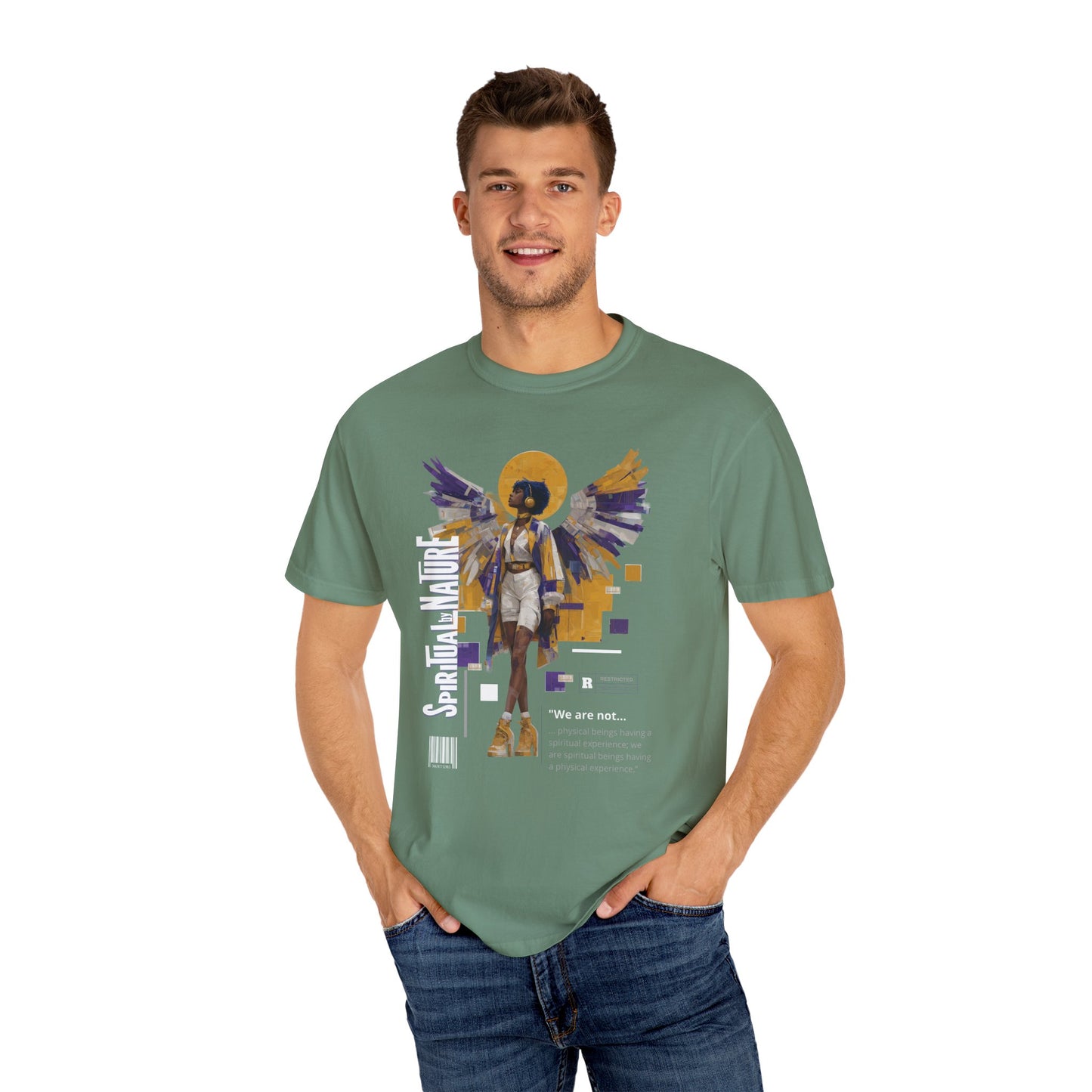 Spiritual by Nature Angel Tee | Urban Collage Art Shirt, Full Front Graphic, Comfort Colors Streetwear, Divine Energy Tshirt