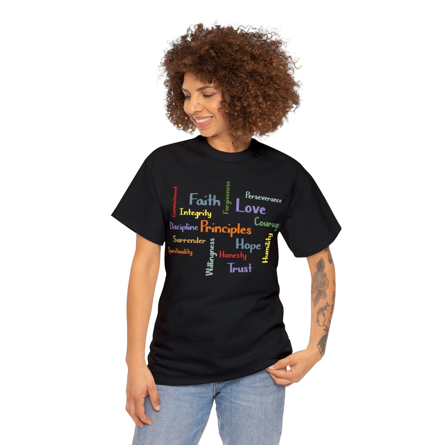 Spiritual Principles of Recovery, Word Cloud Design Graphic Tee, Graphic T-shirt, Gift for Recovery or Sober Anniversary