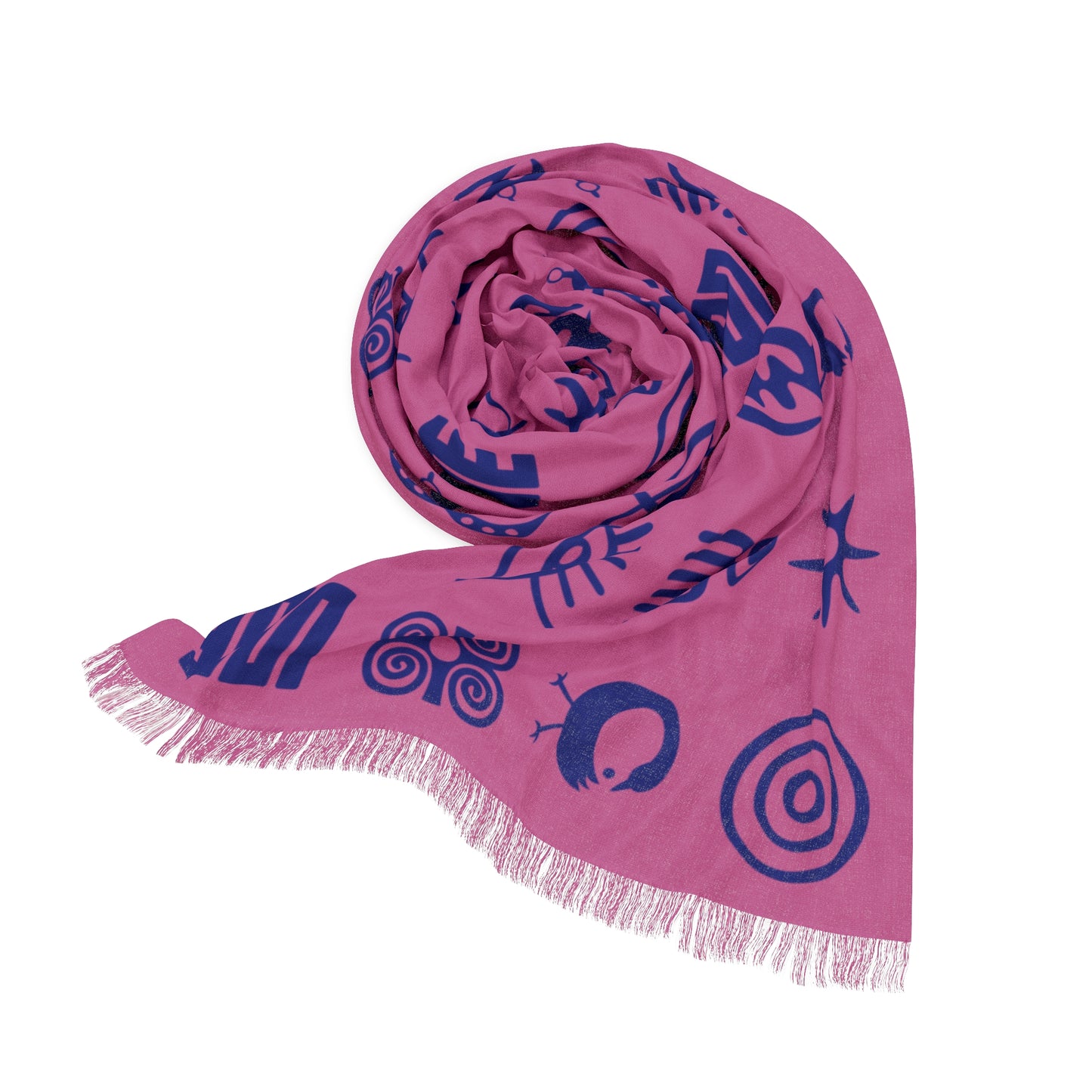 Adinkra Symbol Light Scarf, Beautiful Pattern Scarf with West African Ghanaian Symbols, Blue on Pink