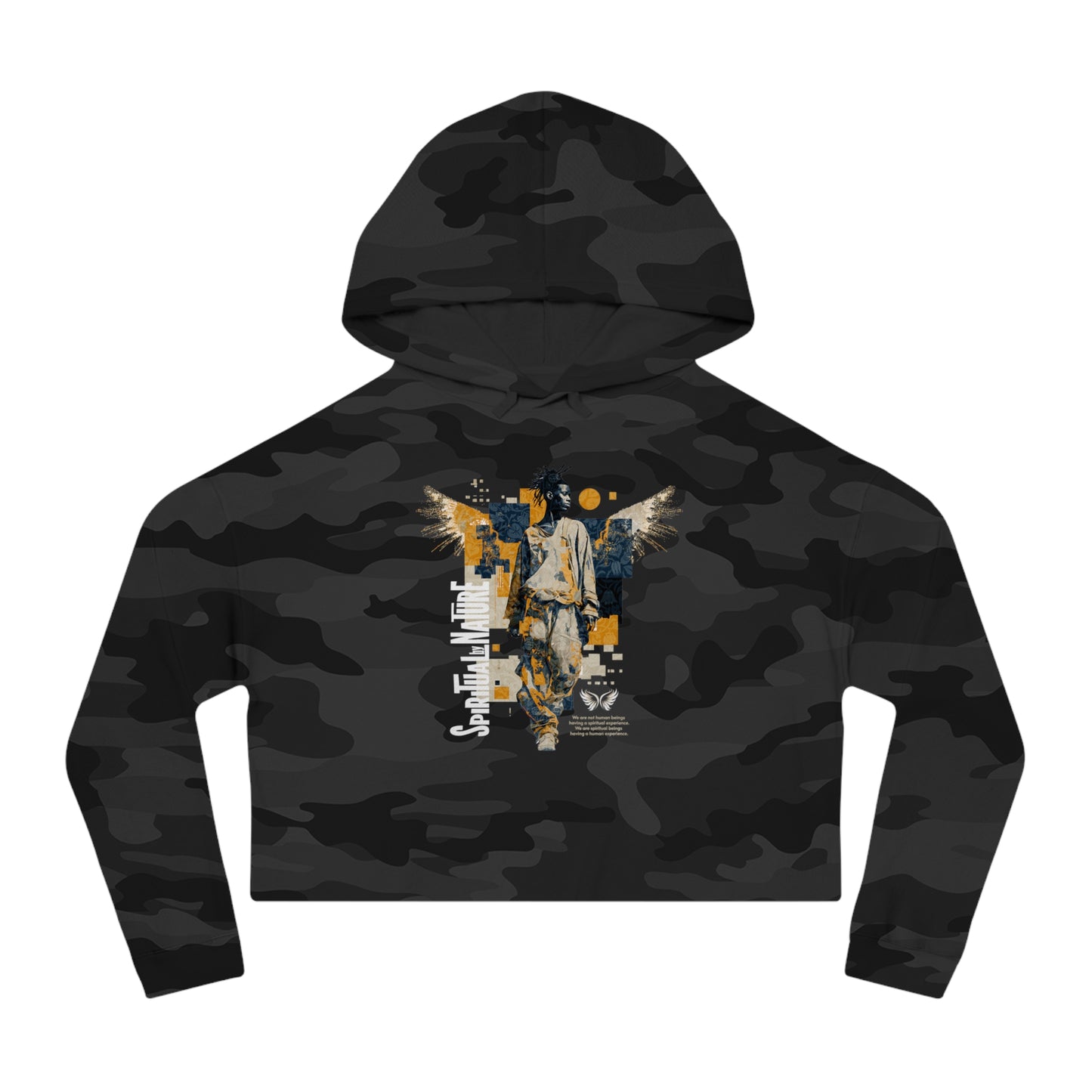 Women's Cropped Hooded Sweatshirt with Angel Graphic - Spiritual by Nature, Street Wear, Urban Style, Stylish Layering, Women's Fashion, Trendy Gift for Her