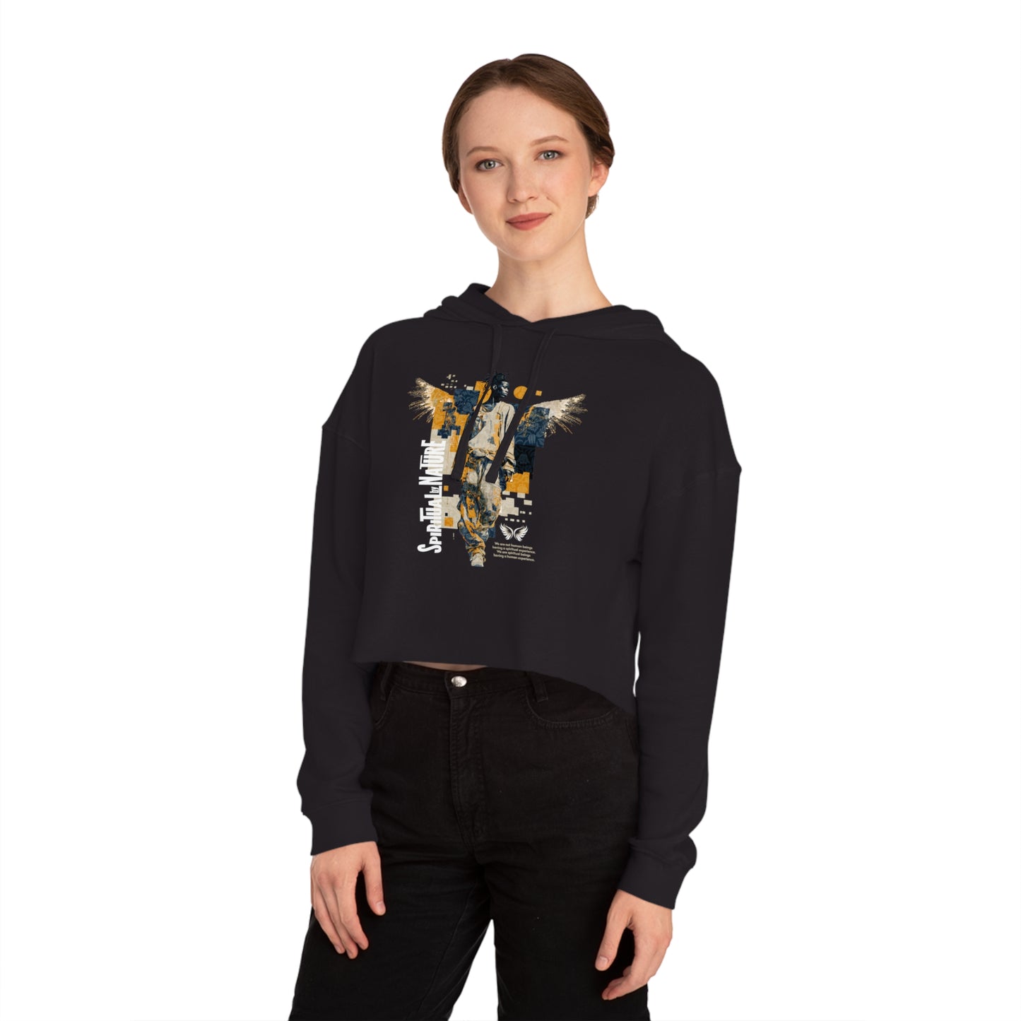 Women's Cropped Hooded Sweatshirt with Angel Graphic - Spiritual by Nature, Street Wear, Urban Style, Stylish Layering, Women's Fashion, Trendy Gift for Her