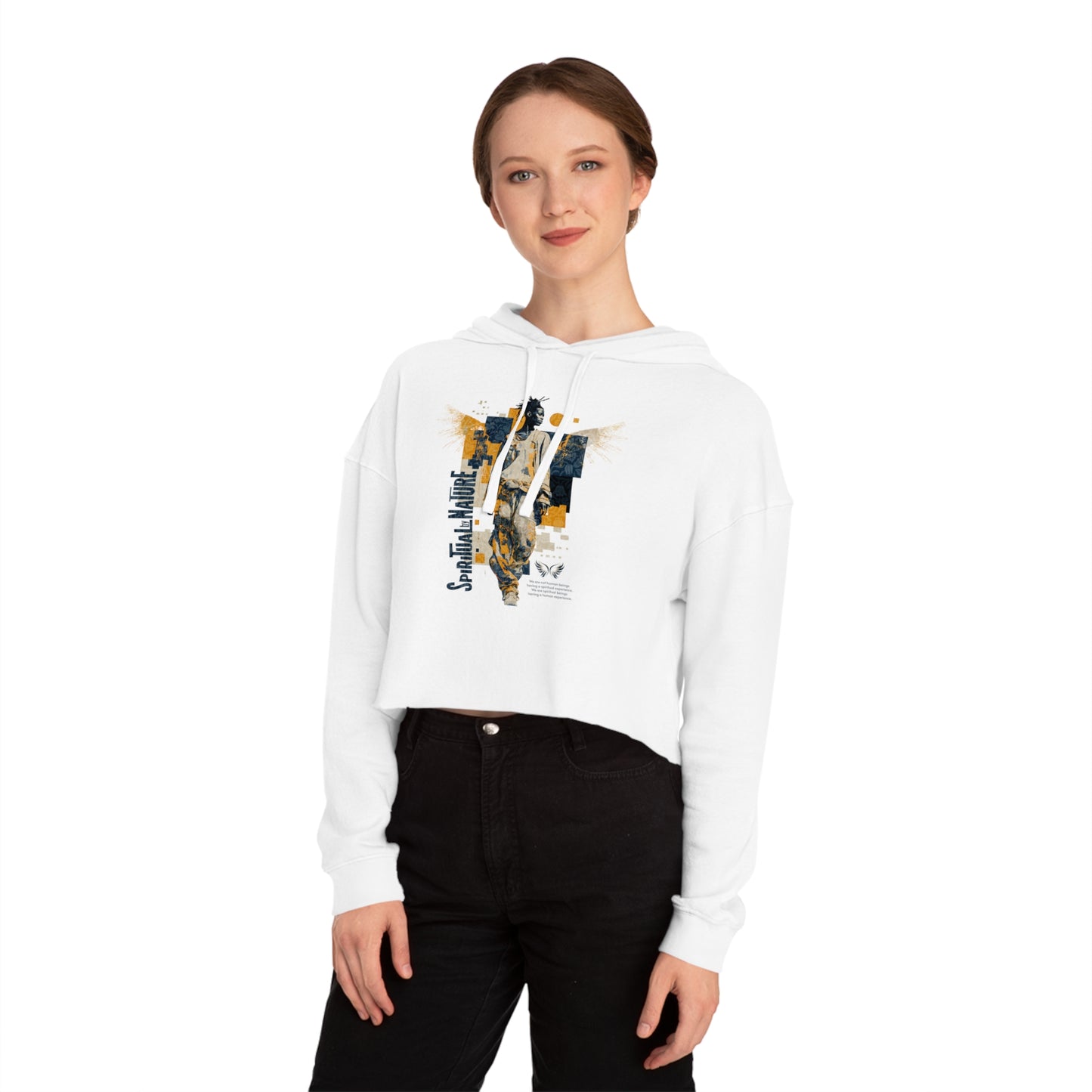 Women's Cropped Hooded Sweatshirt with Angel Graphic - Spiritual by Nature, Street Wear, Urban Style, Stylish Layering, Women's Fashion, Trendy Gift for Her