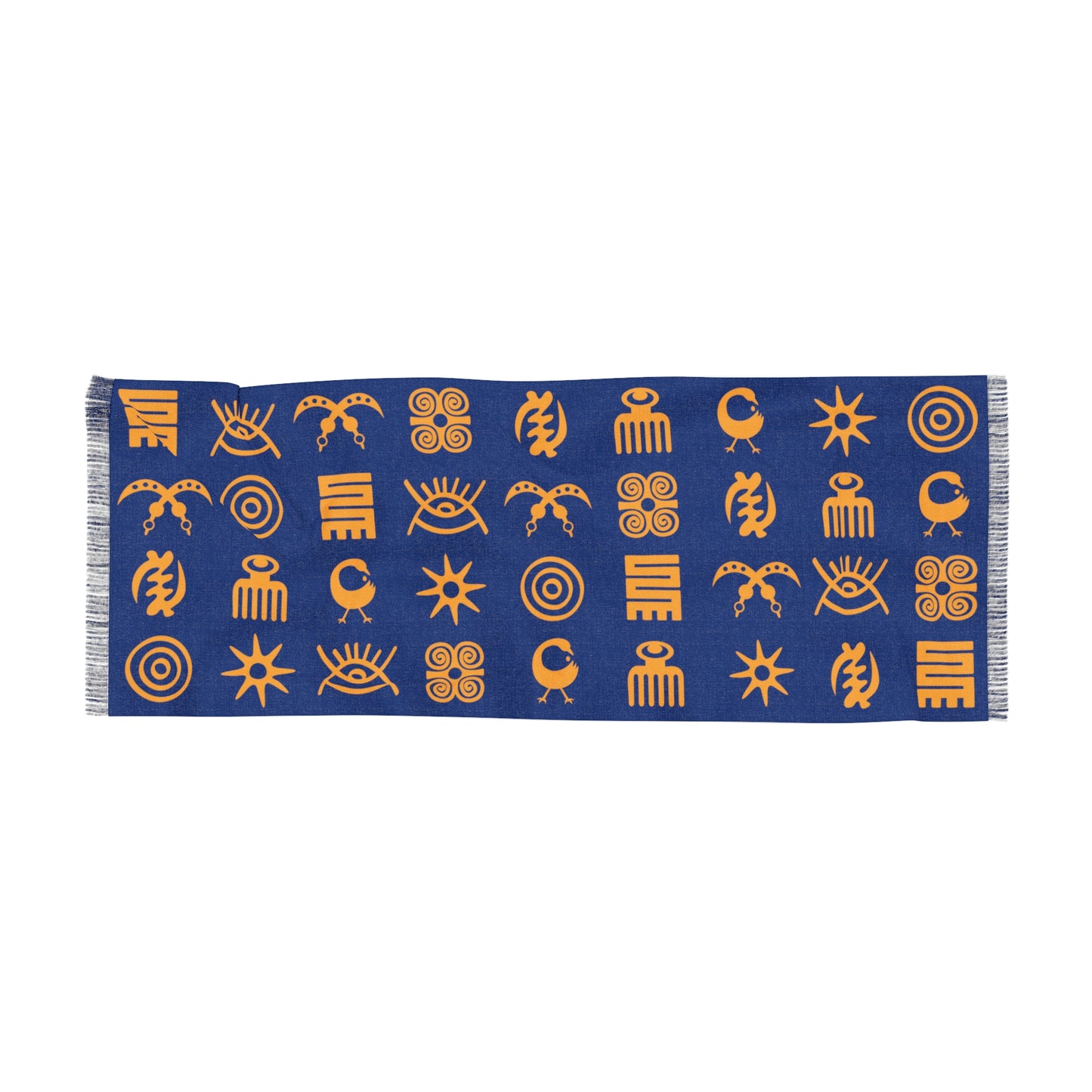 Adinkra Symbol Light Scarf, Beautiful Pattern Scarf Orange on Blue with West African Ghanaian Symbols