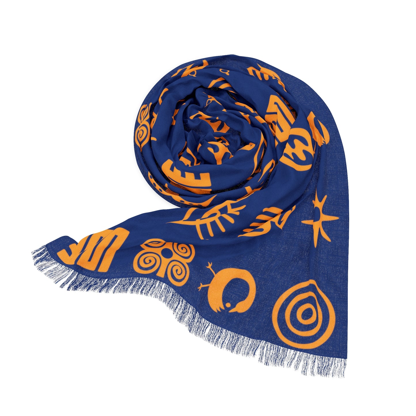 Adinkra Symbol Light Scarf, Beautiful Pattern Scarf Orange on Blue with West African Ghanaian Symbols