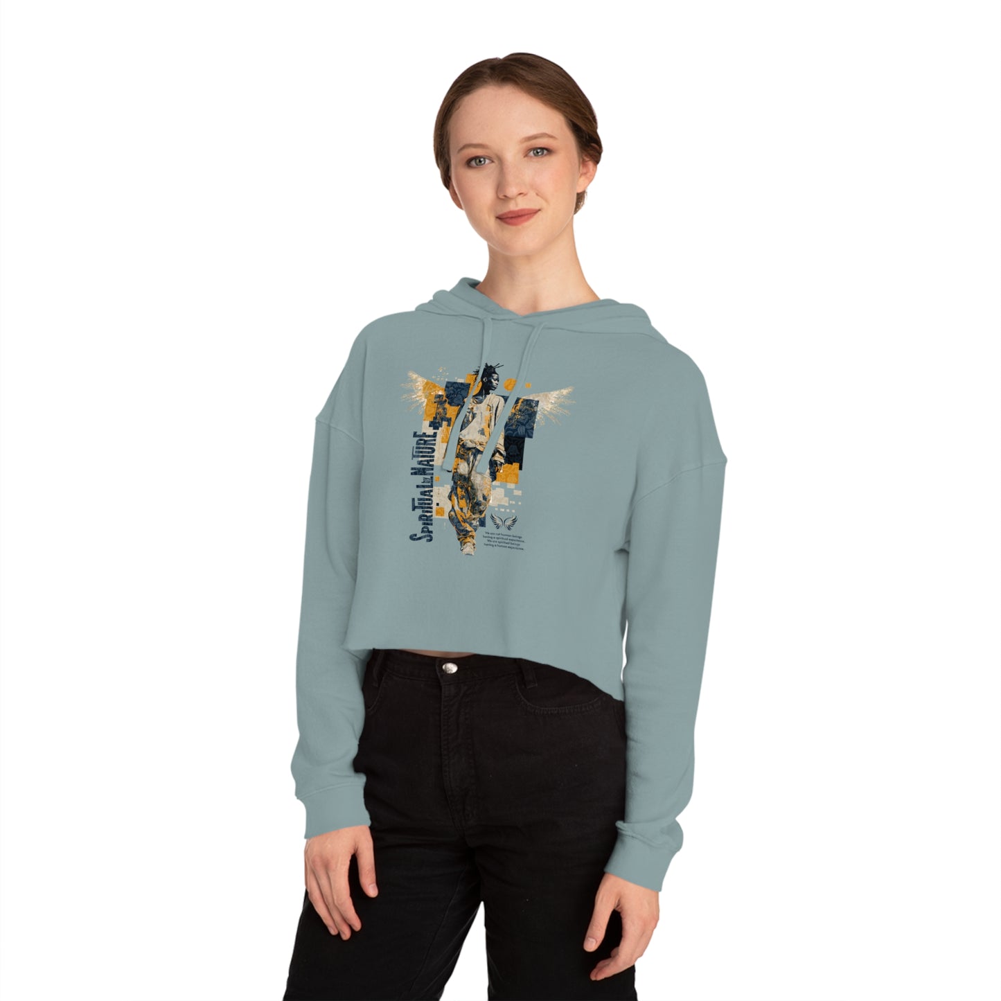 Women's Cropped Hooded Sweatshirt with Angel Graphic - Spiritual by Nature, Street Wear, Urban Style, Stylish Layering, Women's Fashion, Trendy Gift for Her