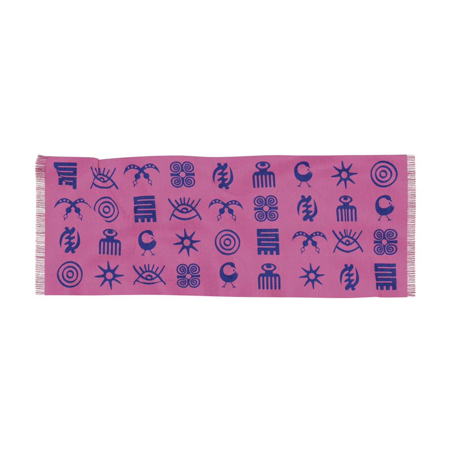 Adinkra Symbol Light Scarf, Beautiful Pattern Scarf with West African Ghanaian Symbols, Blue on Pink