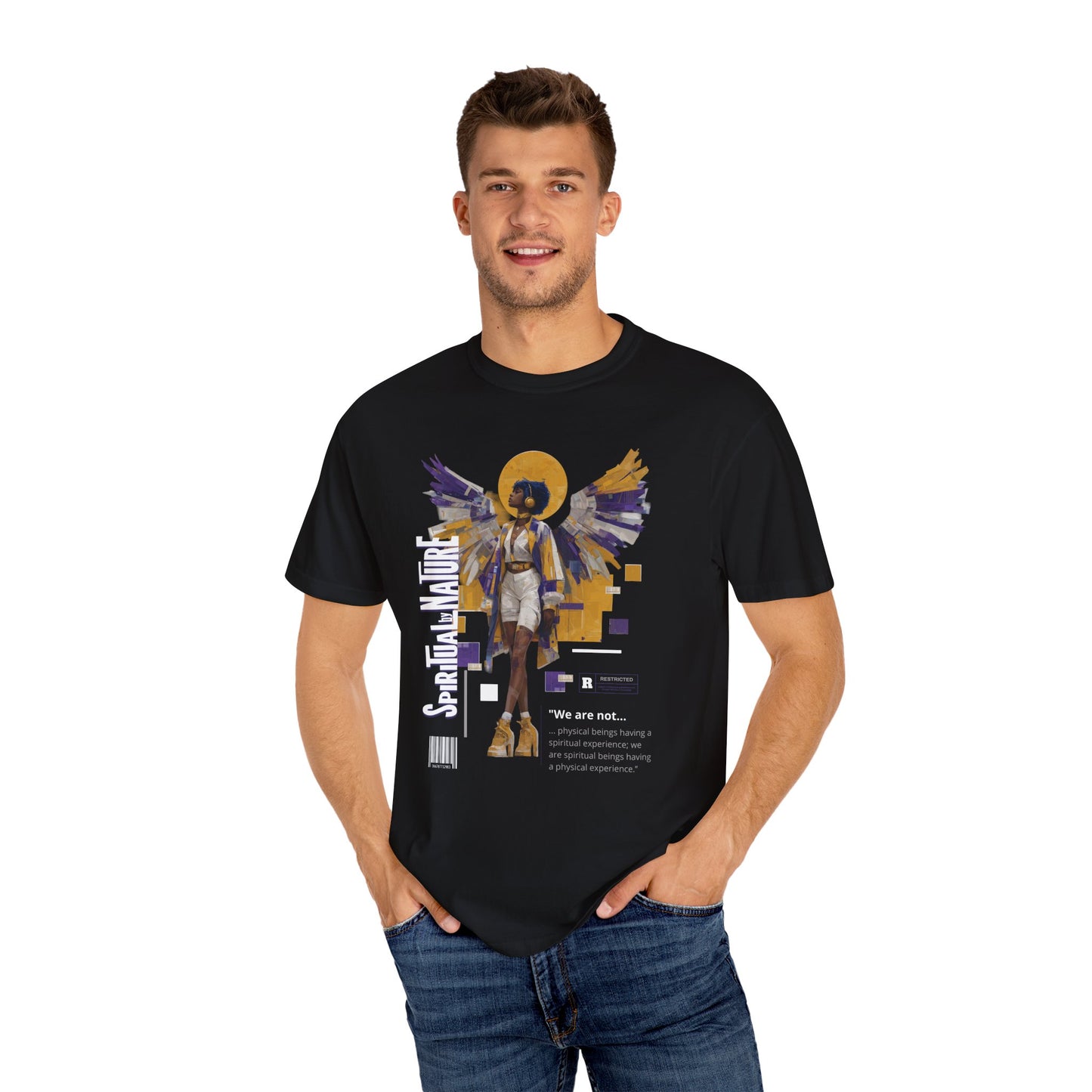 Spiritual by Nature Angel Tee | Urban Collage Art Shirt, Full Front Graphic, Comfort Colors Streetwear, Divine Energy Tshirt