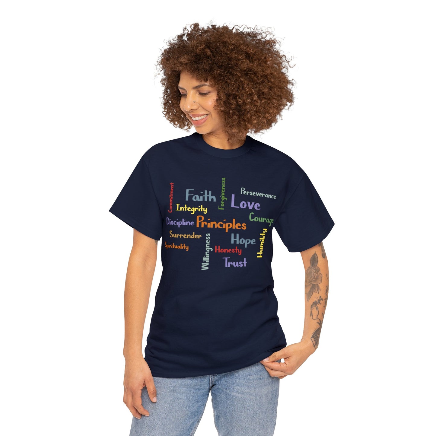 Spiritual Principles of Recovery, Word Cloud Design Graphic Tee, Graphic T-shirt, Gift for Recovery or Sober Anniversary