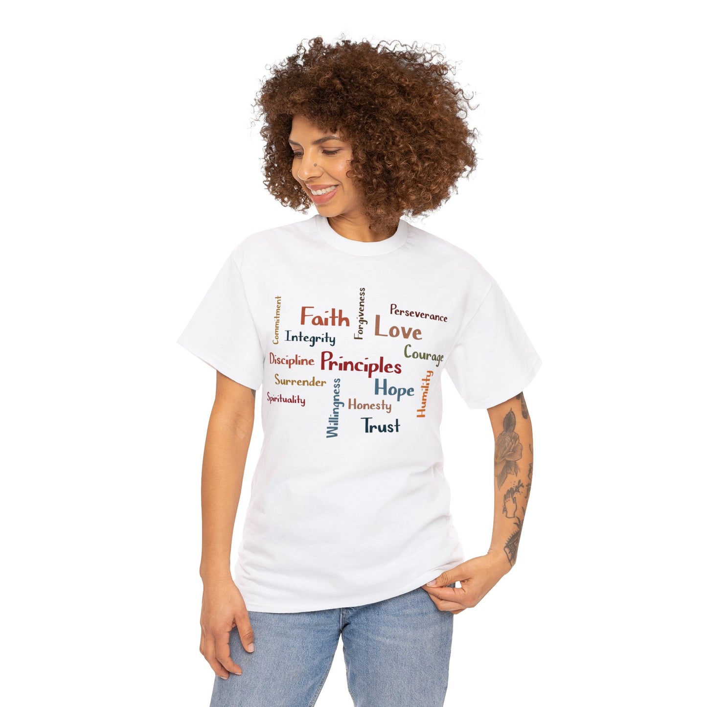 Spiritual Principles of Recovery, Word Cloud Design Graphic Tee, Graphic T-shirt, Gift for Recovery or Sober Anniversary
