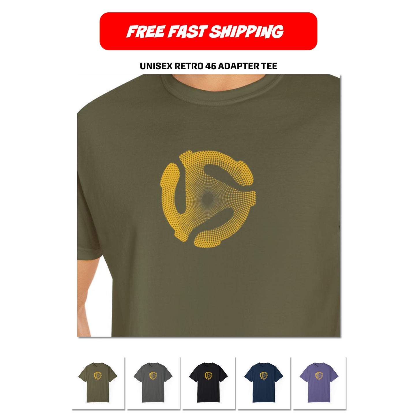 Unisex Custom Colors T-shirt with Halftone Yellow 45 Record Adapter, House Music Lovers Tee, Music Lovers Gift