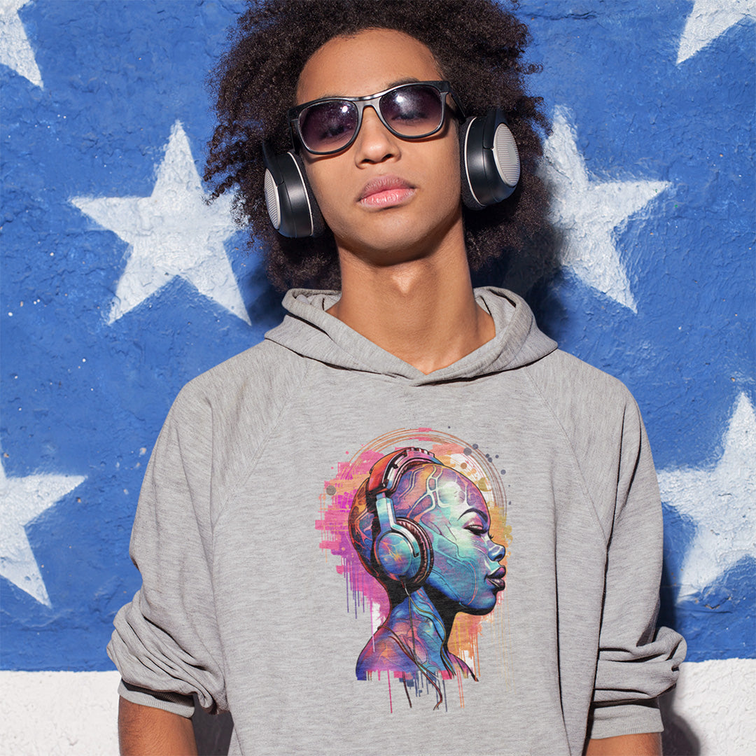 Unisex Hoodie, House Music Design Featuring Woman Wearing Headphones, Perfect for Audiophiles & Music Lovers