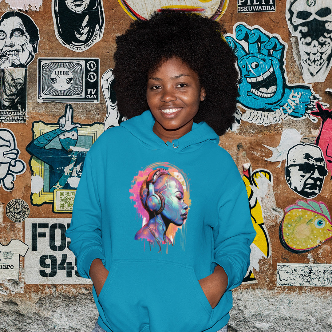 Unisex Hoodie, House Music Design Featuring Woman Wearing Headphones, Perfect for Audiophiles & Music Lovers