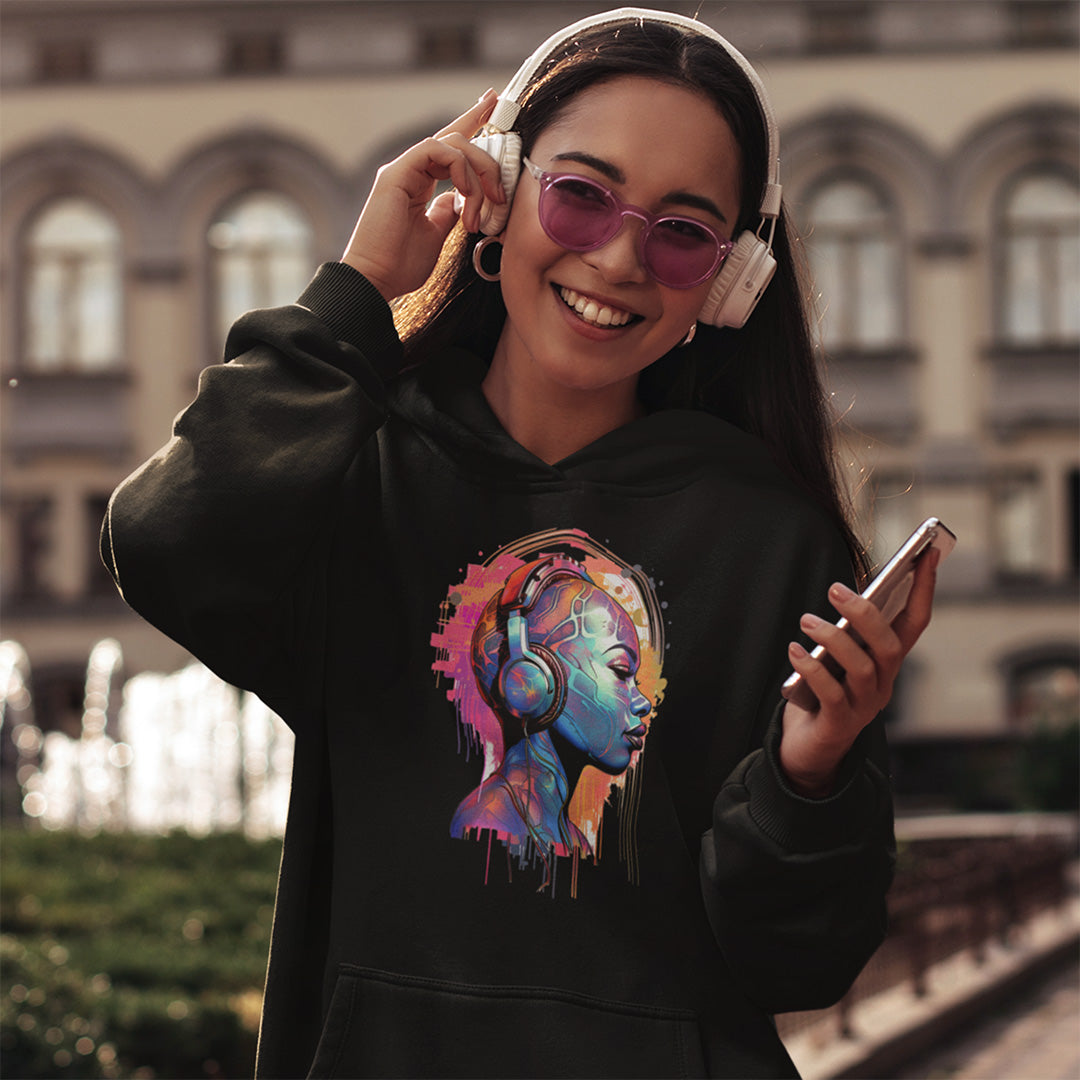 Unisex Hoodie, House Music Design Featuring Woman Wearing Headphones, Perfect for Audiophiles & Music Lovers