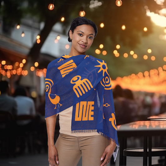 Adinkra Symbol Light Scarf, Beautiful Pattern Scarf Orange on Blue with West African Ghanaian Symbols