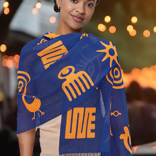 Adinkra Symbol Light Scarf, Beautiful Pattern Scarf Orange on Blue with West African Ghanaian Symbols