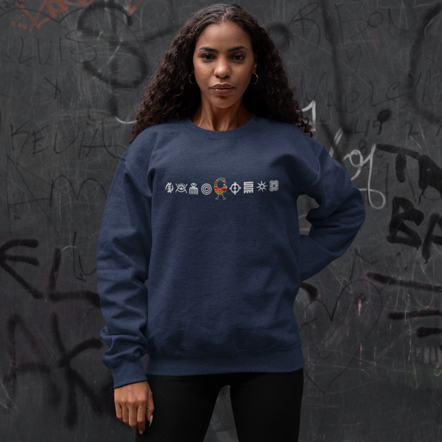 Unisex Sweatshirt with Adinkra Symbols, West African Ghanaian symbol Afrocentric Apparel