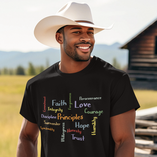 Spiritual Principles of Recovery, Word Cloud Design Graphic Tee, Graphic T-shirt, Gift for Recovery or Sober Anniversary