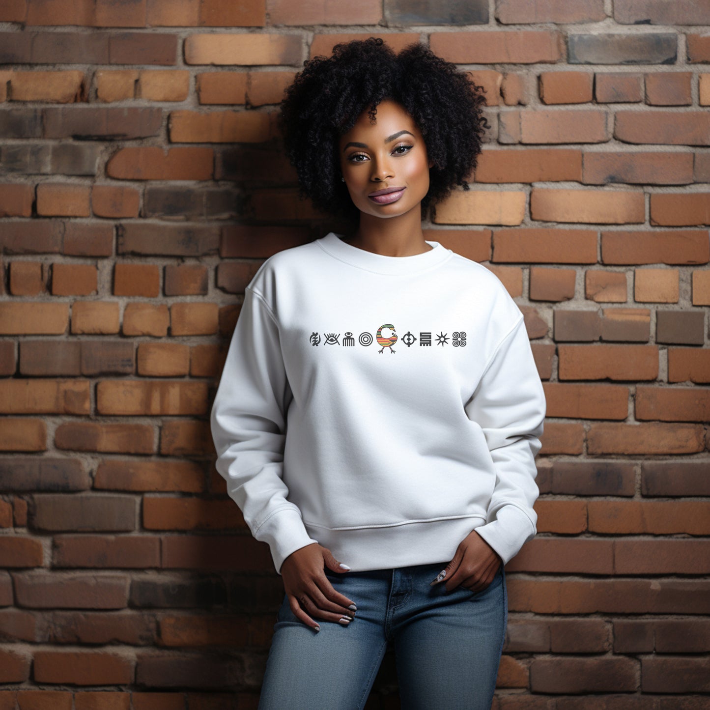 Unisex Sweatshirt with Adinkra Symbols, West African Ghanaian symbol Afrocentric Apparel