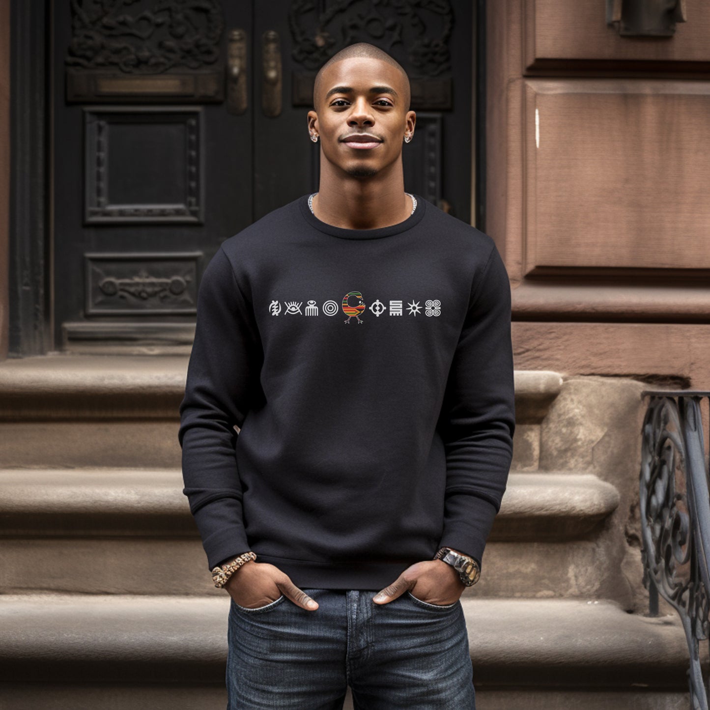 Unisex Sweatshirt with Adinkra Symbols, West African Ghanaian symbol Afrocentric Apparel