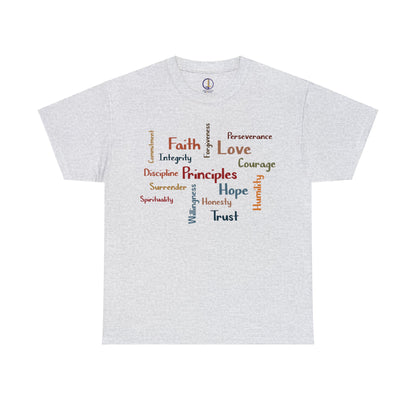 Spiritual Principles of Recovery, Word Cloud Design Graphic Tee, Graphic T-shirt, Gift for Recovery or Sober Anniversary