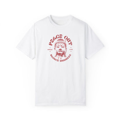 Unisex Peace Out Buddha T-Shirt - Relaxed Fit, Garment-Dyed, Ideal for Spiritual Vibes