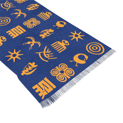 Adinkra Symbol Light Scarf, Beautiful Pattern Scarf Orange on Blue with West African Ghanaian Symbols