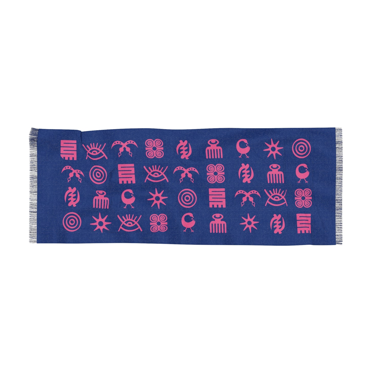 Adinkra Symbol Light Scarf, Beautiful Pattern Scarf with West African Ghanaian Symbols, Pink on Blue