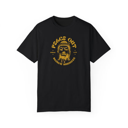 Unisex Peace Out Buddha T-Shirt - Relaxed Fit, Garment-Dyed, Ideal for Spiritual Vibes