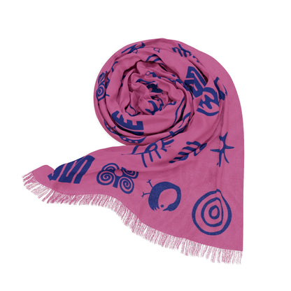 Adinkra Symbol Light Scarf, Beautiful Pattern Scarf with West African Ghanaian Symbols, Blue on Pink