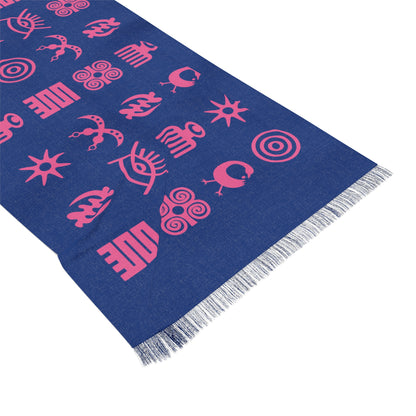 Adinkra Symbol Light Scarf, Beautiful Pattern Scarf with West African Ghanaian Symbols, Pink on Blue