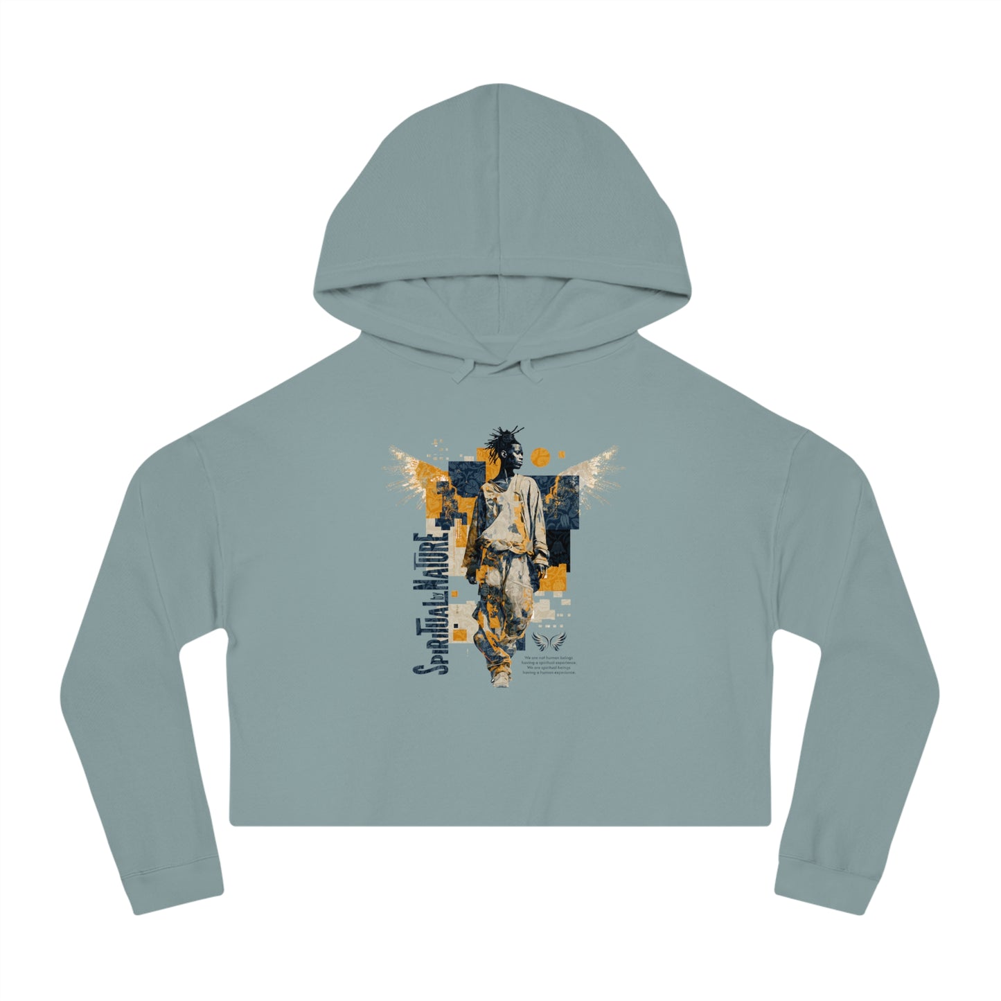 Women's Cropped Hooded Sweatshirt with Angel Graphic - Spiritual by Nature, Street Wear, Urban Style, Stylish Layering, Women's Fashion, Trendy Gift for Her