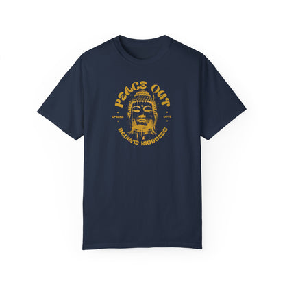 Unisex Peace Out Buddha T-Shirt - Relaxed Fit, Garment-Dyed, Ideal for Spiritual Vibes