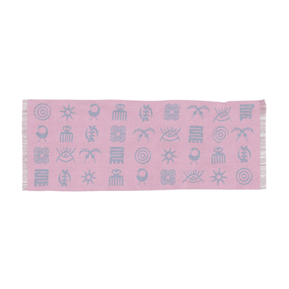Adinkra Symbol Light Scarf, Beautiful Pattern Scarf with West African Ghanaian Symbols, Blue on Pink