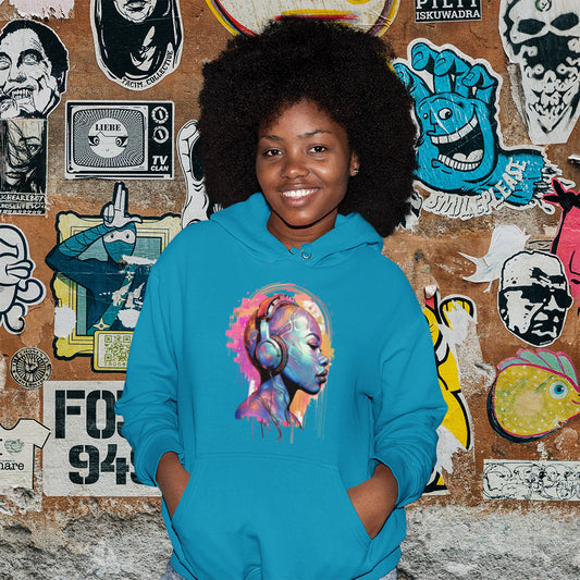 Unisex Hoodie, House Music Design Featuring Woman Wearing Headphones, Perfect for Audiophiles & Music Lovers