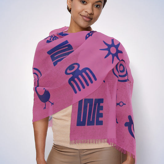 Adinkra Symbol Light Scarf, Beautiful Pattern Scarf with West African Ghanaian Symbols, Blue on Pink