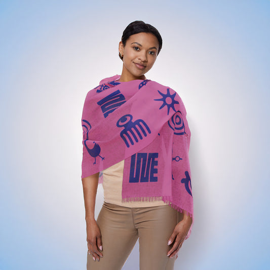 Adinkra Symbol Light Scarf, Beautiful Pattern Scarf with West African Ghanaian Symbols, Blue on Pink