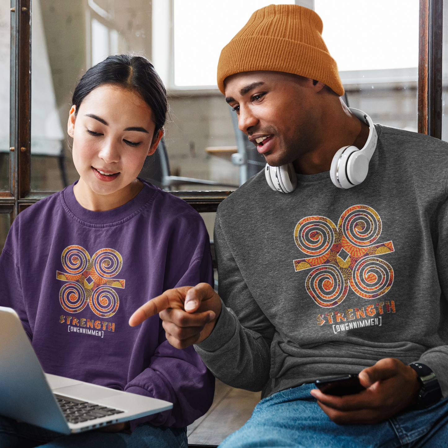 Unisex Adinkra Symbol Sweatshirts with Ghanaian Ram's Horn Dweninmmen Symbol