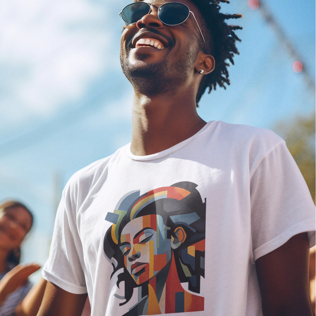 Unisex Cotton T-shirt with Abstract Cubism Style Woman, T-Shirt Cotton Tee for Art Lovers and Black, Pan-African Culture