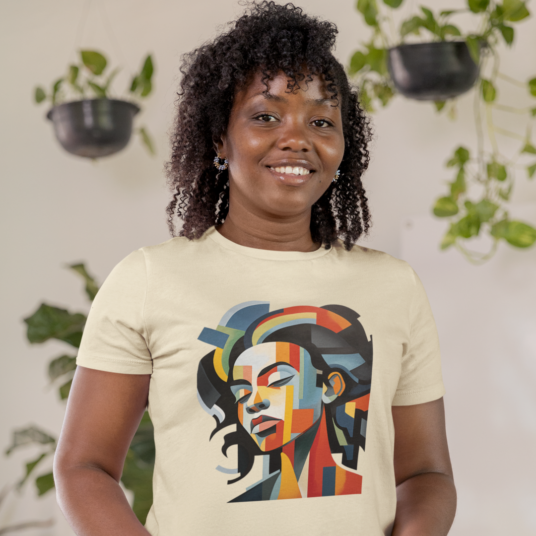 Unisex Cotton T-shirt with Abstract Cubism Style Woman, T-Shirt Cotton Tee for Art Lovers and Black, Pan-African Culture