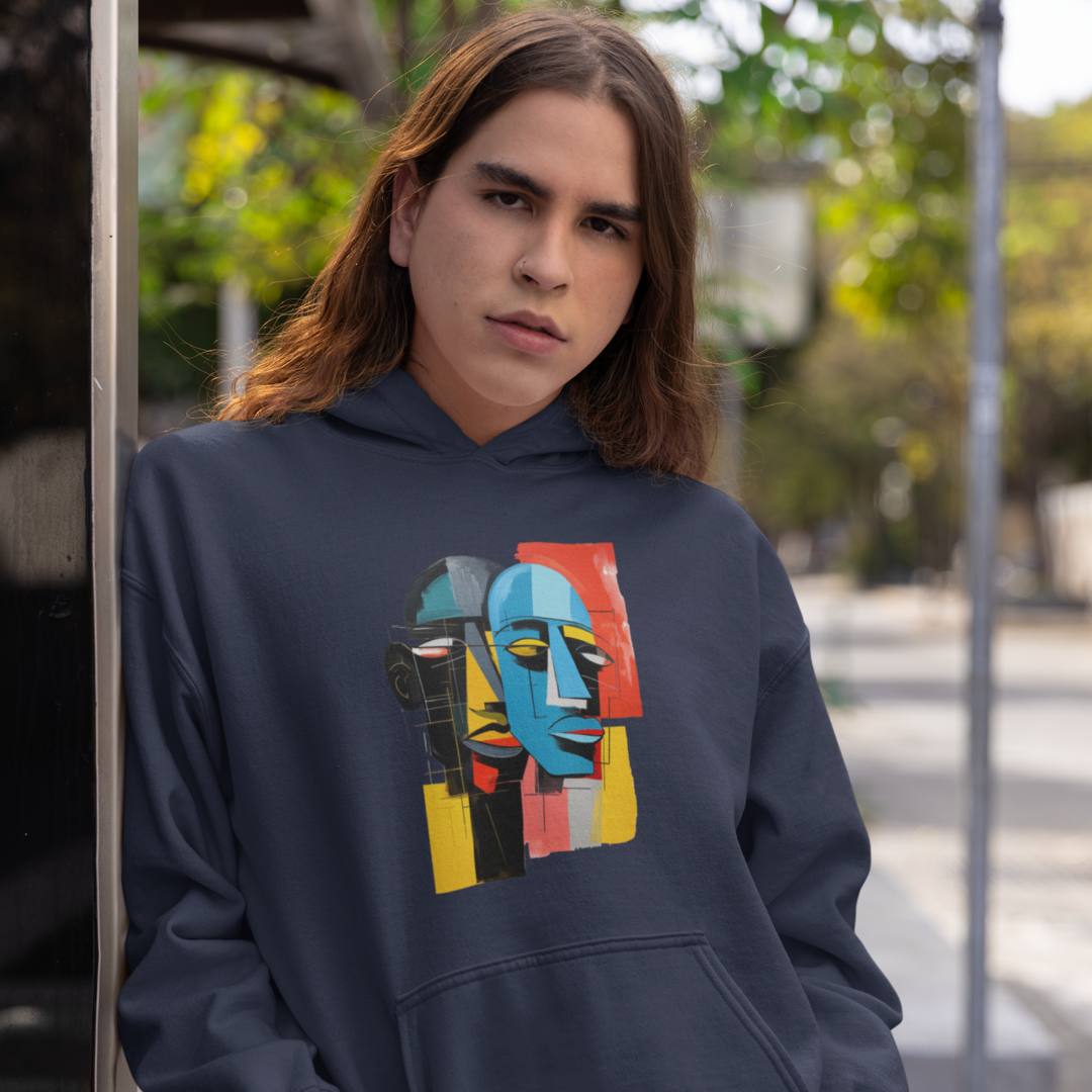 Unisex Hoodie Art on Apparel with "Cubist Echoes: Abstract Twin Profiles"