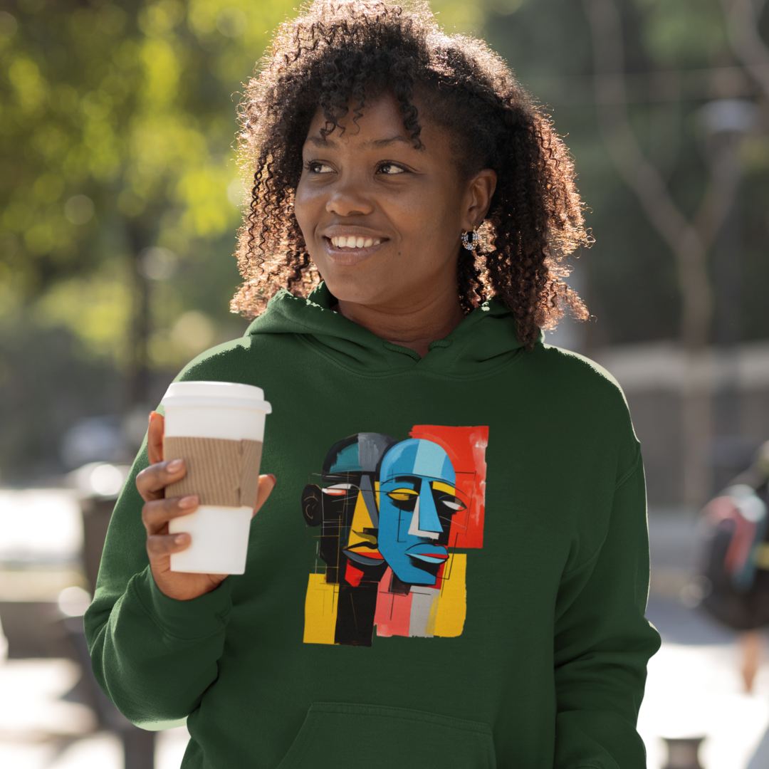 Unisex Hoodie Art on Apparel with "Cubist Echoes: Abstract Twin Profiles"