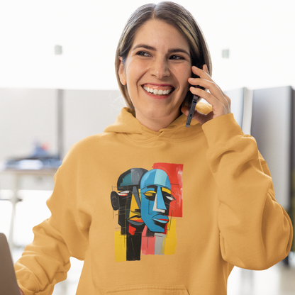 Unisex Hoodie Art on Apparel with "Cubist Echoes: Abstract Twin Profiles"