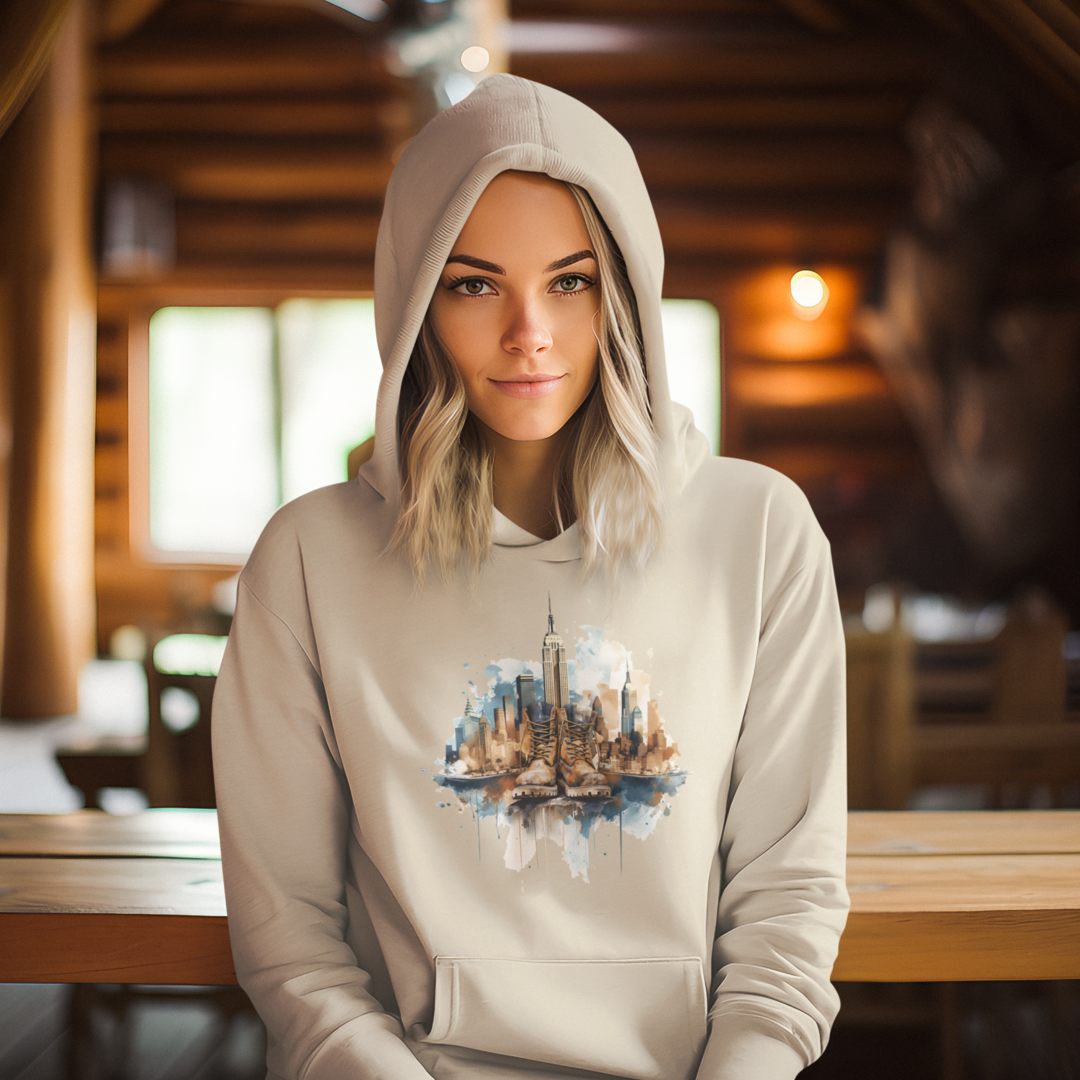 Unisex Hoodie Art on Apparel with City Pulse: Urban Tapestry Boots on New York Skyline