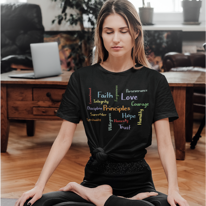 Spiritual Principles of Recovery, Word Cloud Design Graphic Tee, Graphic T-shirt, Gift for Recovery or Sober Anniversary