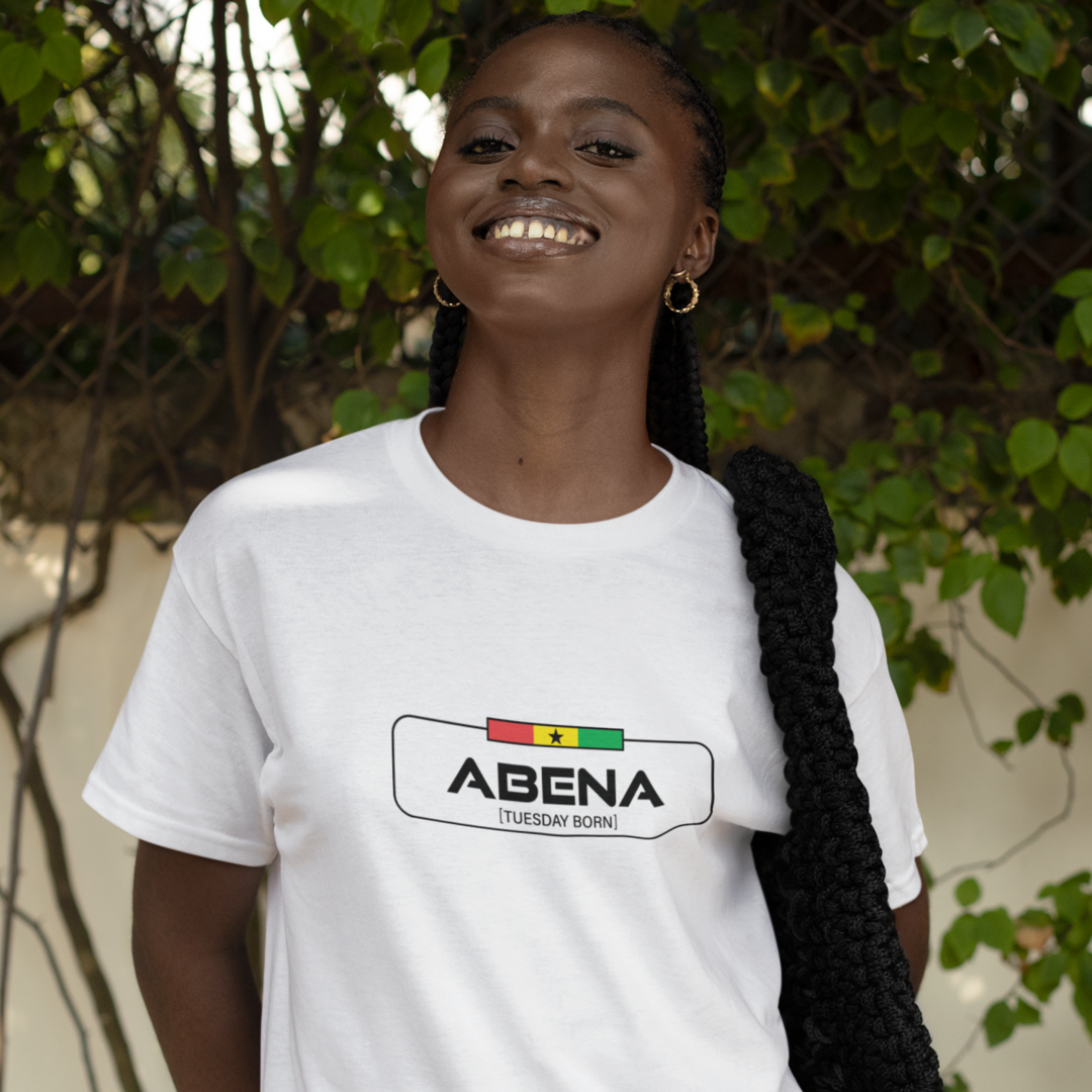 Akan Day Name Unisex Heavy Cotton Tee, Ghanaian Birthday Name T-shirt, [Tuesday Born Female = Abena], Cultural Ethnic Gift Idea